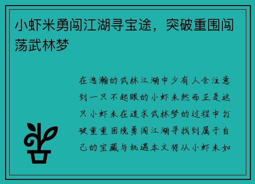 小虾米勇闯江湖寻宝途，突破重围闯荡武林梦