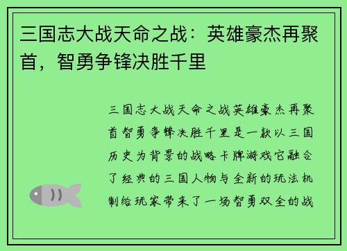 三国志大战天命之战：英雄豪杰再聚首，智勇争锋决胜千里
